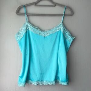 Y2K Silky Blue Size XL Lace Trimmed Tank Cami Coquette Romantic Feminine Dainty
